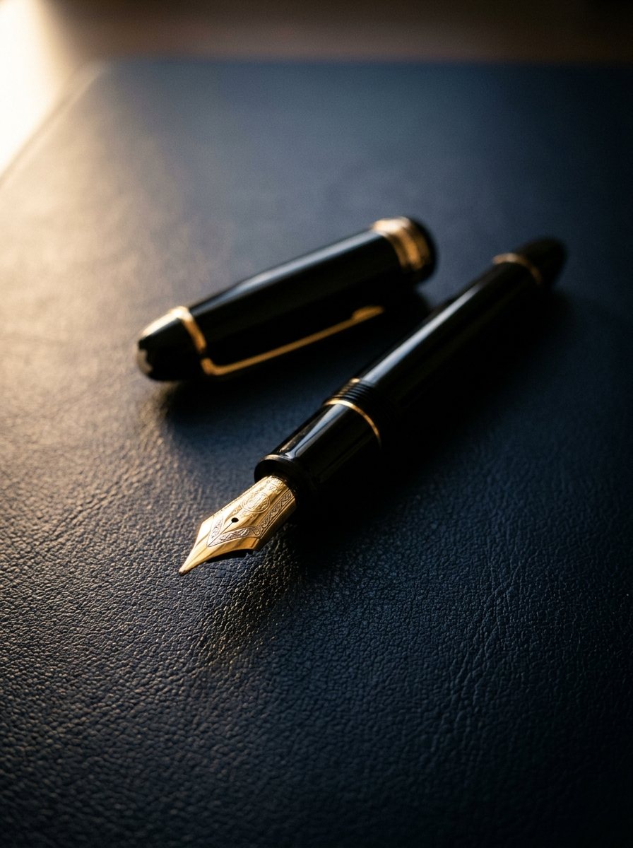 Black and gold fountain pen on a navy leather desk